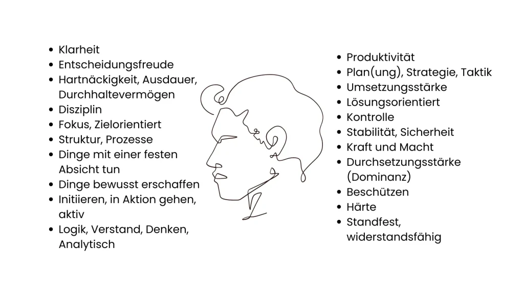 Das Bild listet Eigenschaften auf, die der männlichen Energie zugeordnet werden.