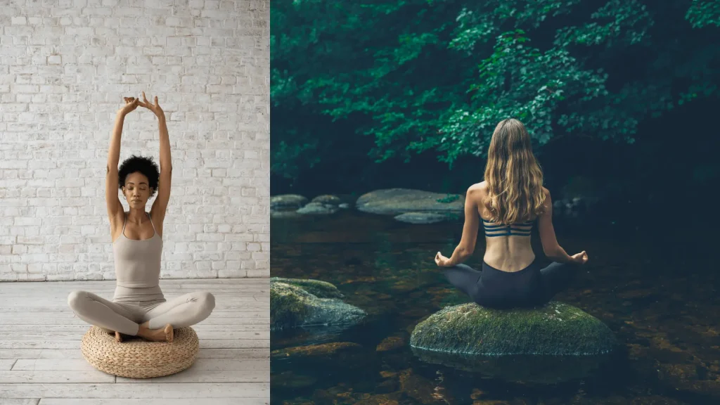 Das Bild zeigt eine Frau in einem geschlossenen Raum beim Yoga und eine Frau auf einem Stein sitzend meditieren, der in einem Fluss ist. Yoga und Meditation sind Praktiken, um in die weibliche Energie zu kommen.