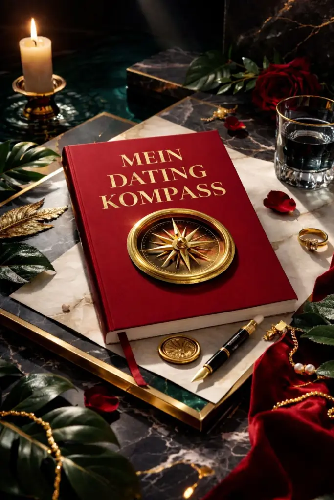 Das Bild zeigt ein rotes Selbstreflexionsbuch mit dem Titel u0022Mein Dating-Kompassu0022 von The Goddess Guide 101. Das Buch ist für Single-Frauen geeignet, die Männer kennenlernen und sich fragen, ob dieser Mann für sie und eine ernsthafte Beziehung passt. Das Buch kann über Amazon bestellt werden.