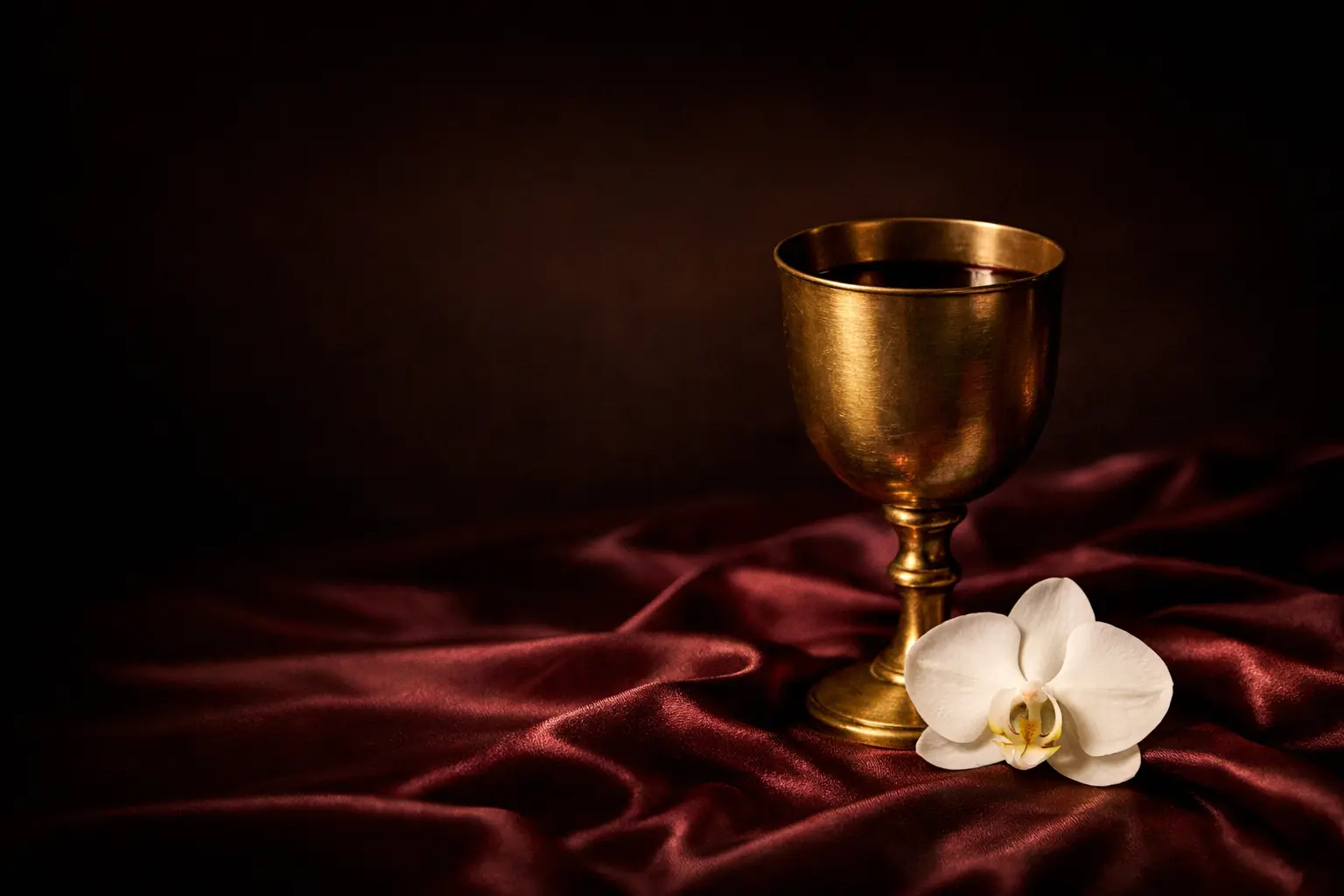 Goldener Kelch und weiße Orchidee auf dunkelrotem Samtstoff – Blogartikel über weibliche Energie aktivieren
