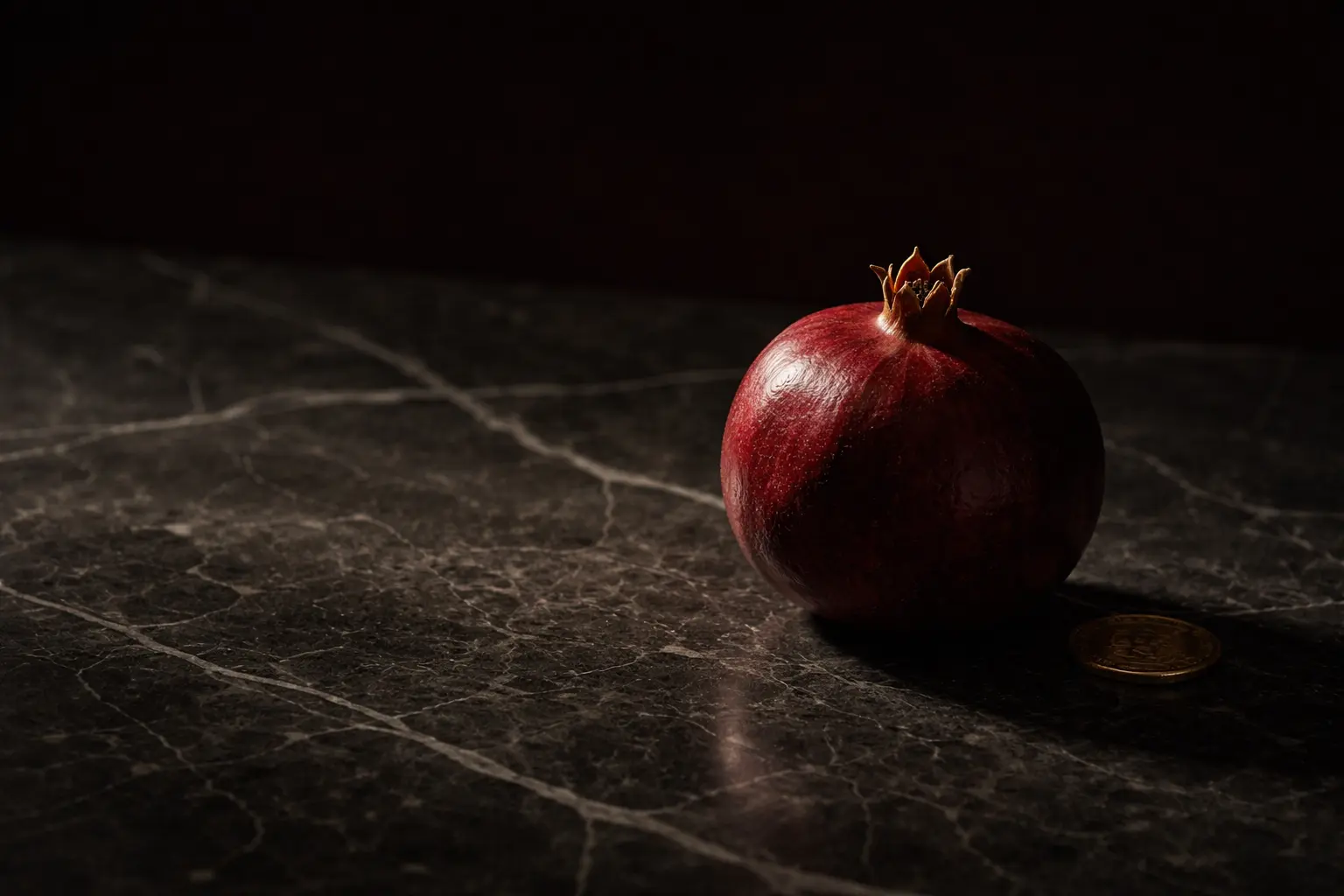 Ganzer Granatapfel auf dunklem Marmor – Blogartikel über das Verhalten eines richtigen Mannes