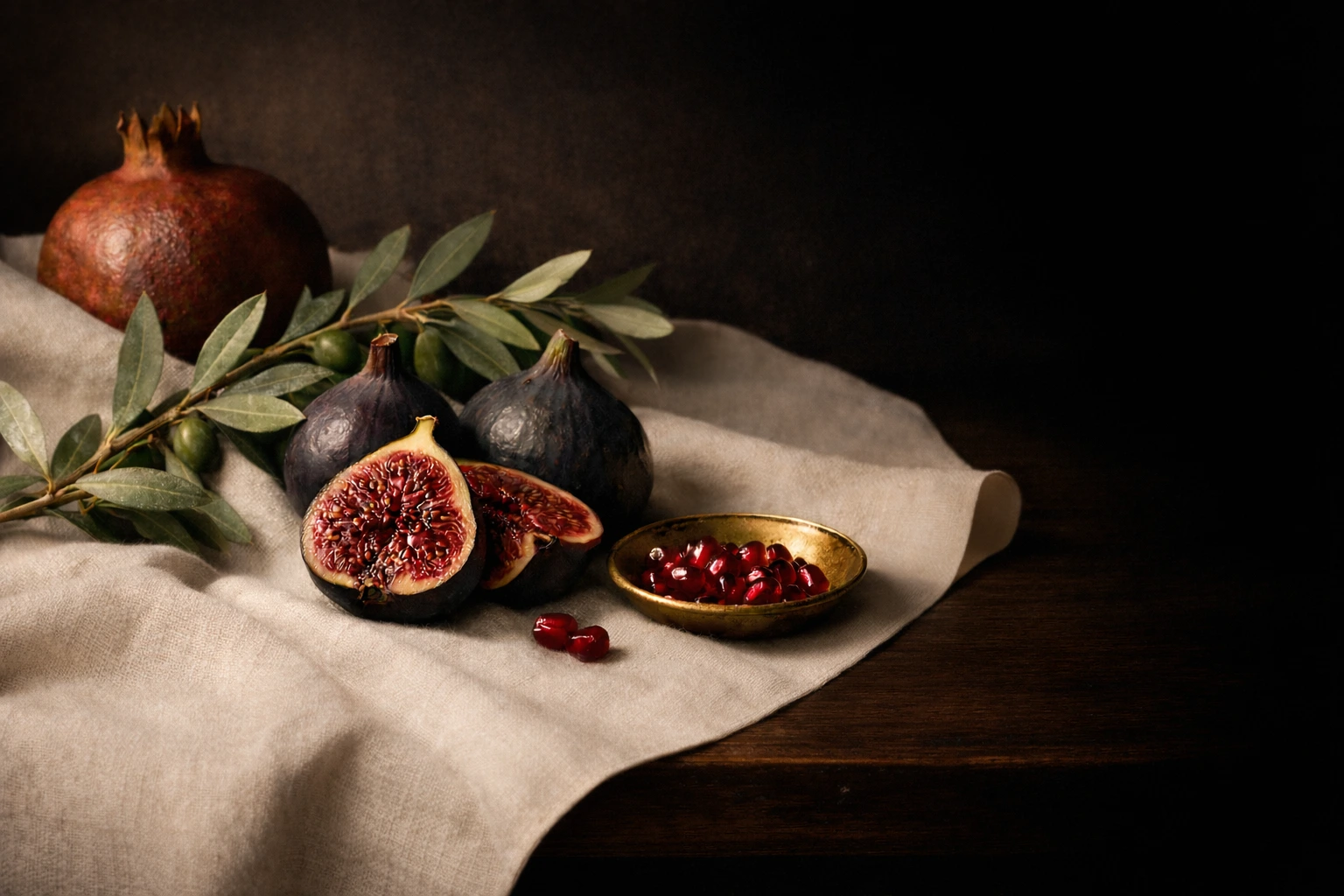 Blog für weibliche Energie, Selbstwert und gesunde Beziehungsdynamiken. Stillleben mit Granatapfel, Feigen, Olivenzweig und goldener Schale auf hellem Leinen – Blog The Goddess Guide 101